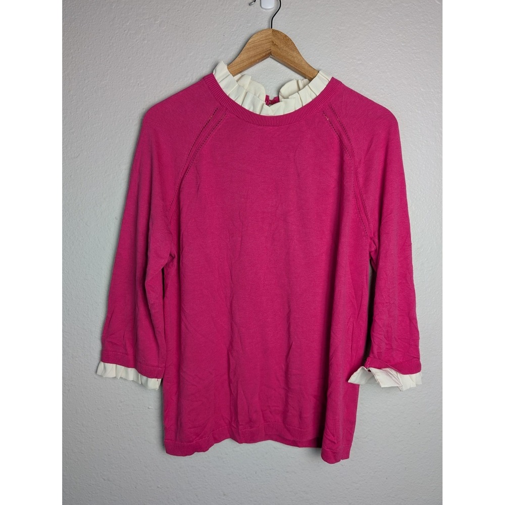 Talbots Sweater Womens Large Pink Ruffle Mock‎ Neck 3/4 Sleeve Pullover Knit Top